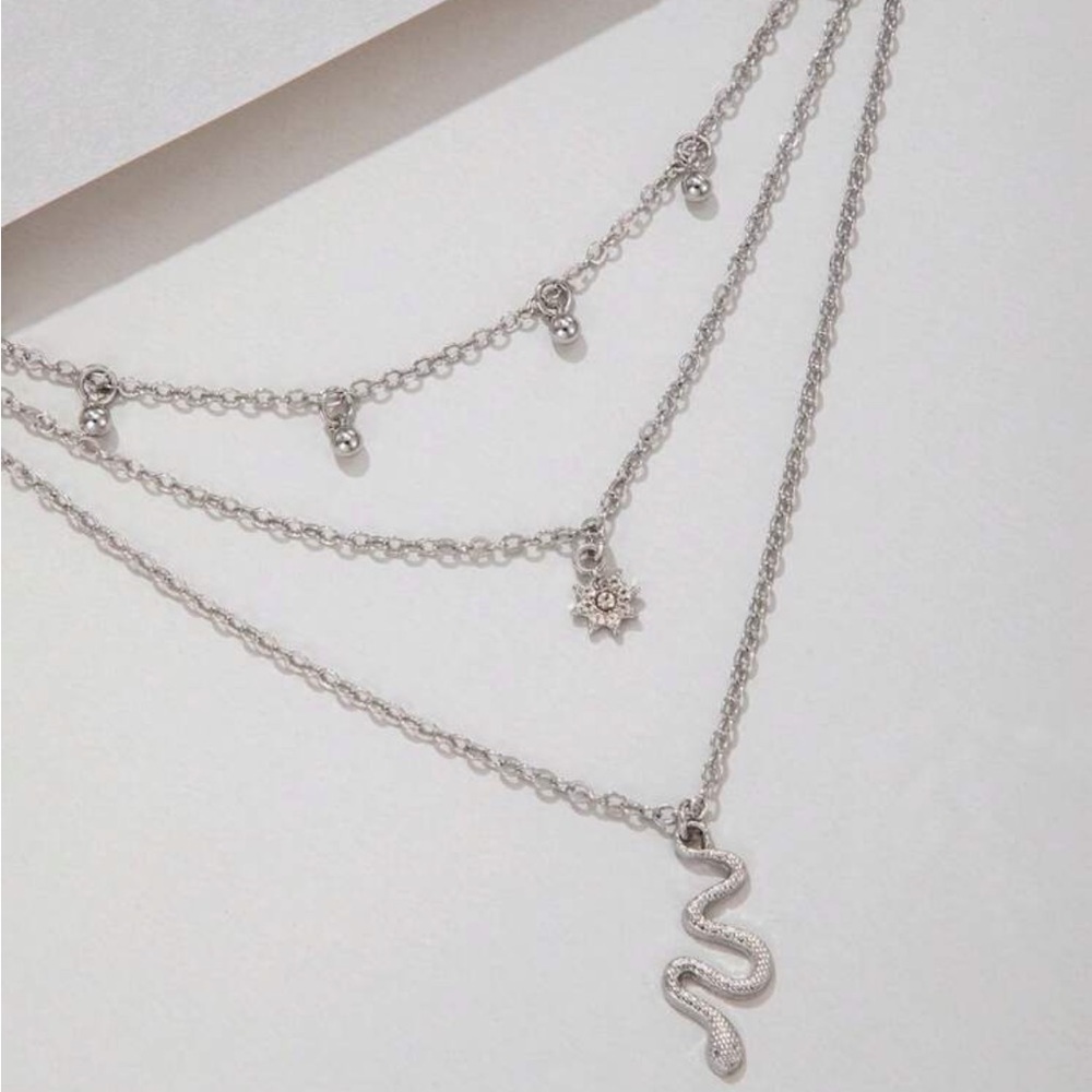 Silver Rhinestone Snake Layered Necklace - Picture 2 of 2
